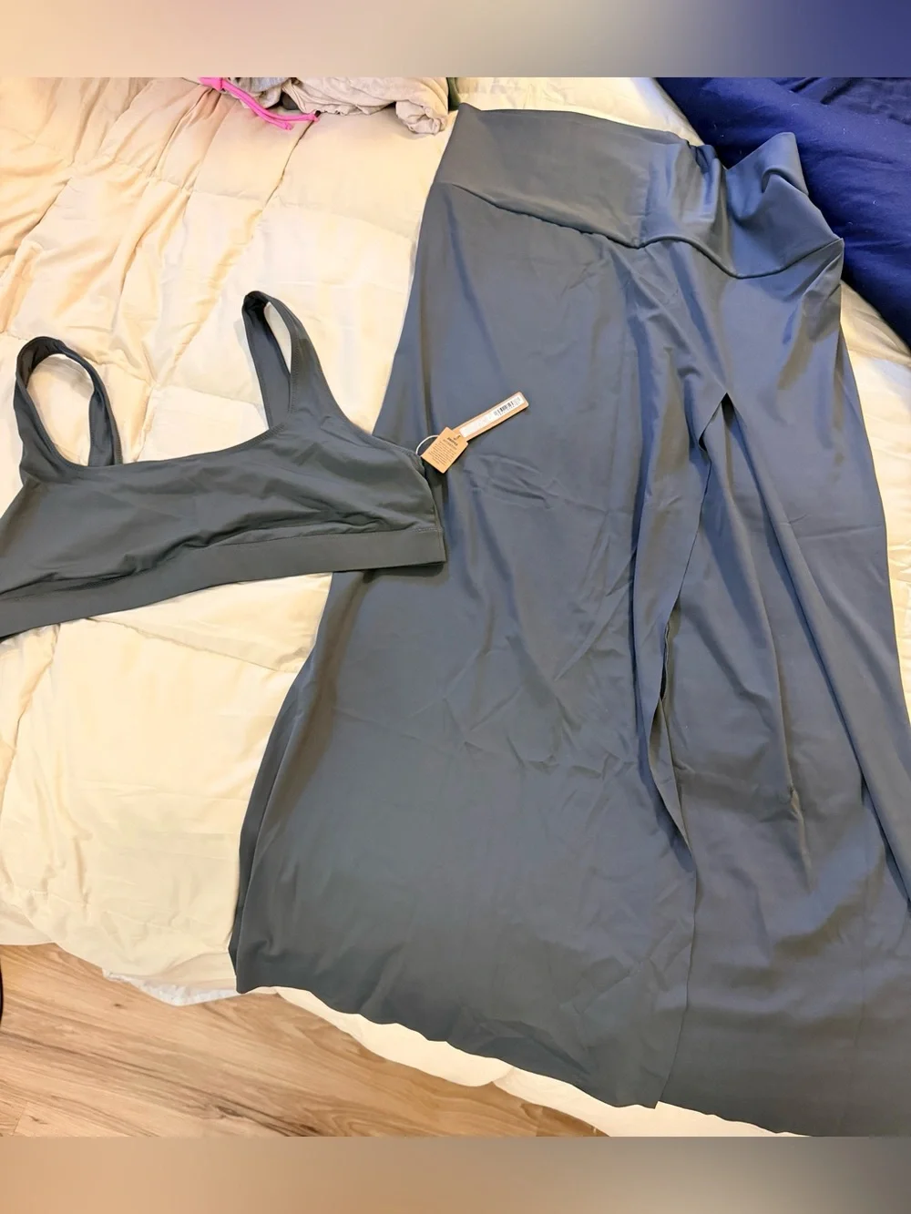 SKIMS Swim Set Gunmetal Shaping Swim Maxi Skirt with High Side Slit & Top 3x